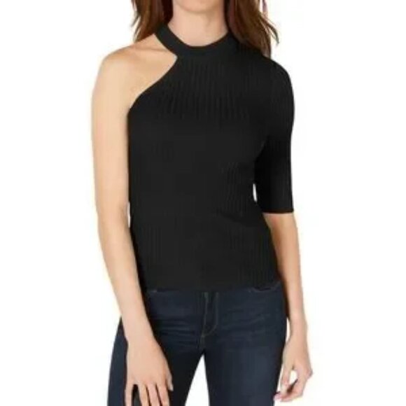 BAR III Women's Deep Black‎ One Shoulder Long Sleeve Ribbed Crop Top Medium - Picture 9 of 9